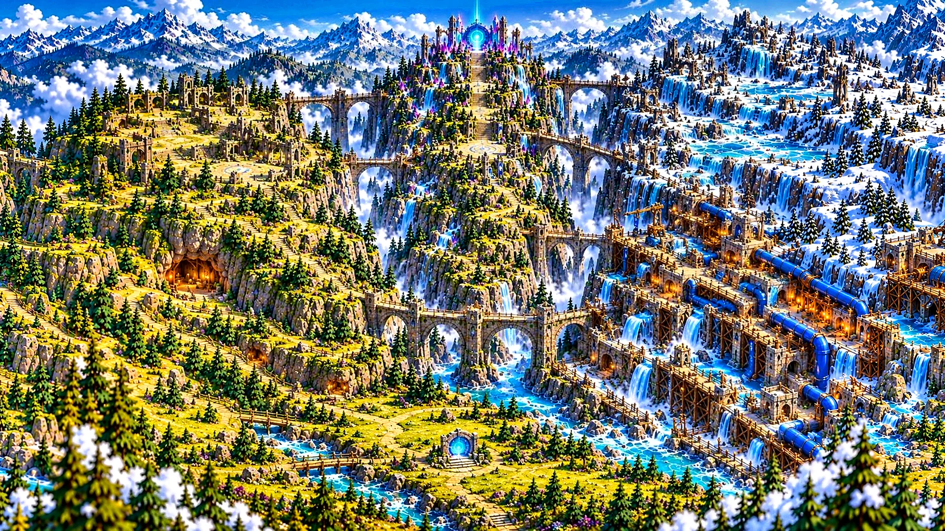 Adventure Mountain™ seen from the front: Portal Meadow™, Creek Crossing™, Riverworks™, Clover Cliffs™, Fallen Grounds™, Prism Ridge™ and Frosty Peaks™