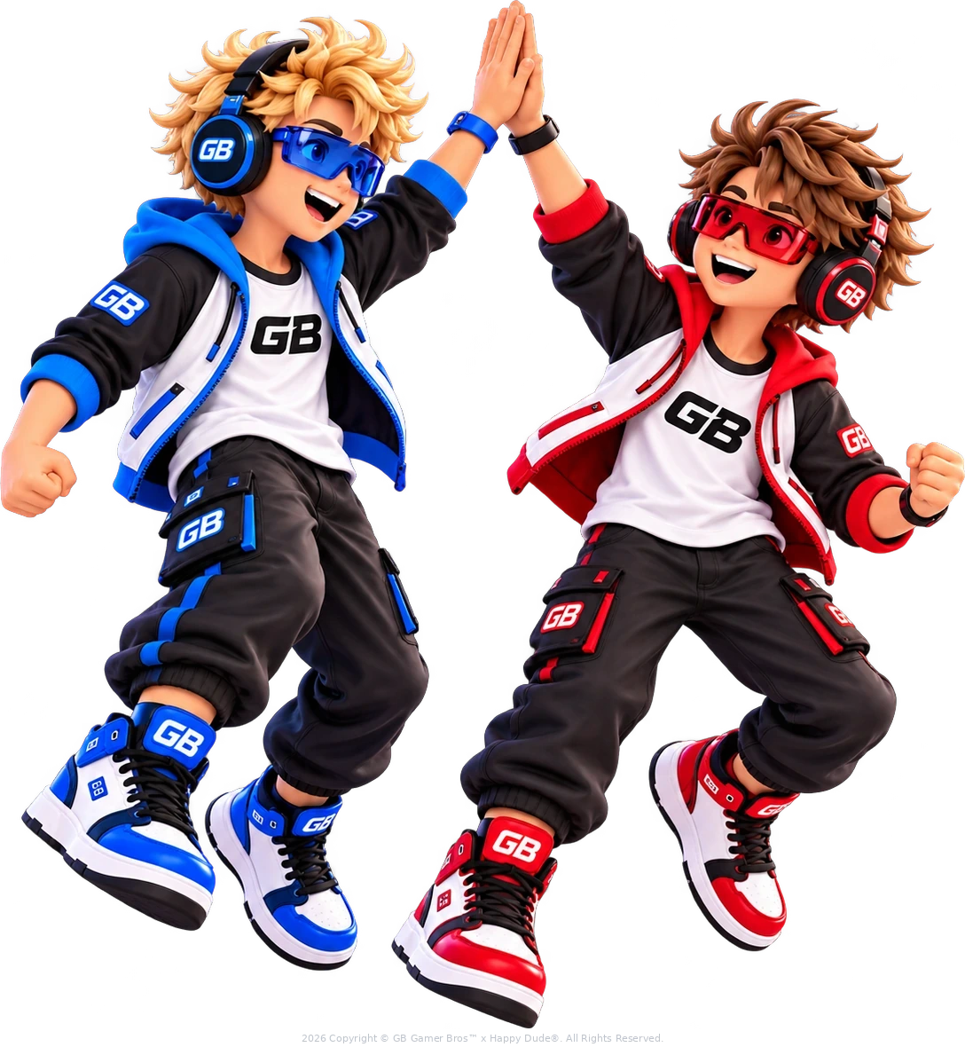 Gamer Bro Blue™ and Gamer Bro Red™ jumping for a high five