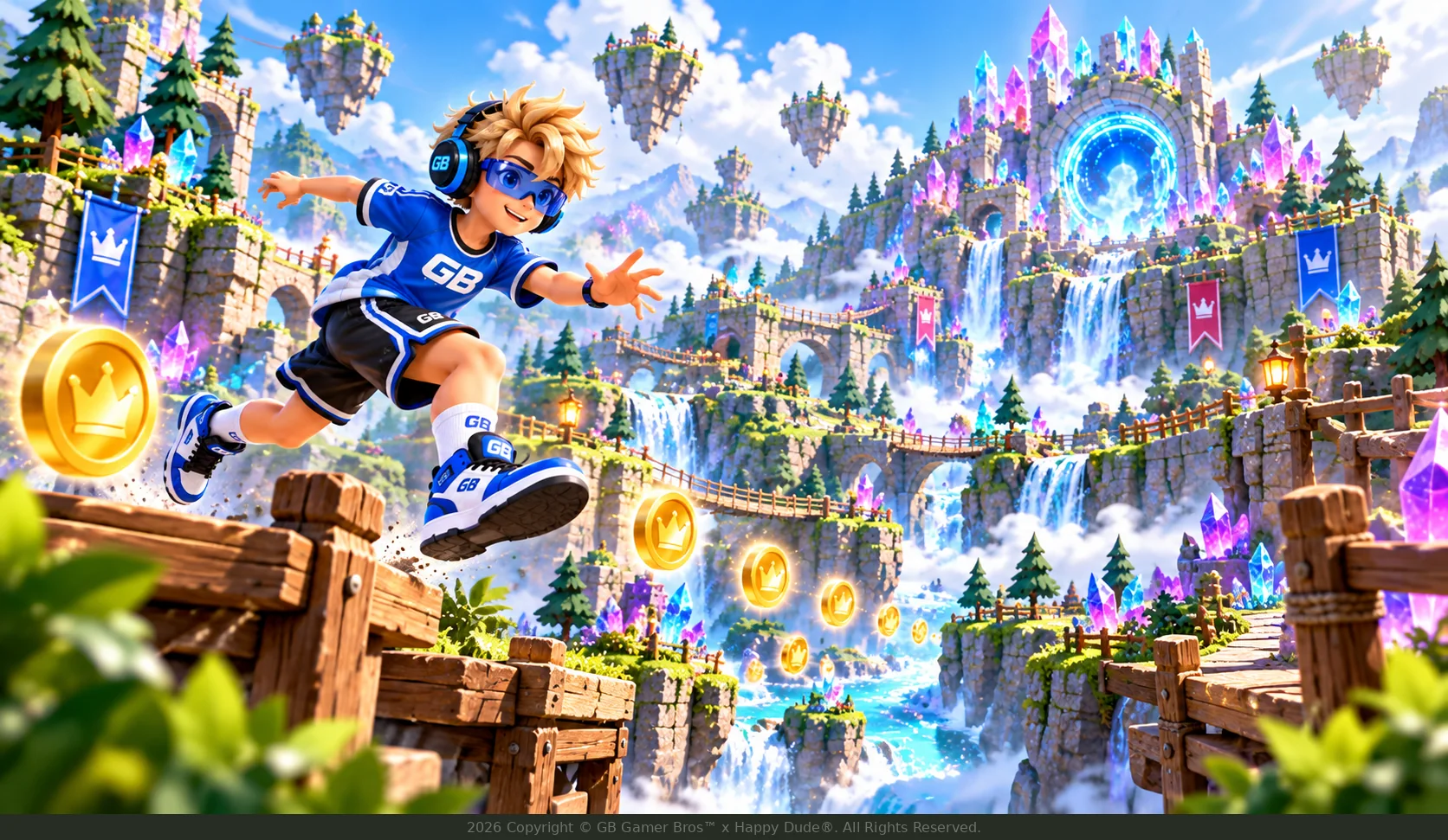 Gamer Bro Blue™ leaping between platforms past waterfalls and the crystal castle