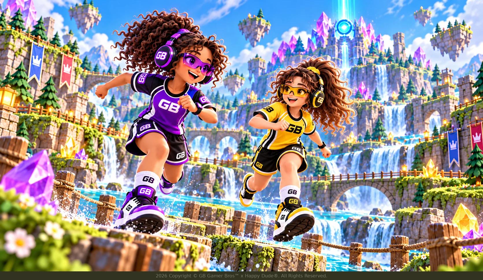Gamer Girl Purple™ and Gamer Girl Yellow™ running along a waterfall boardwalk